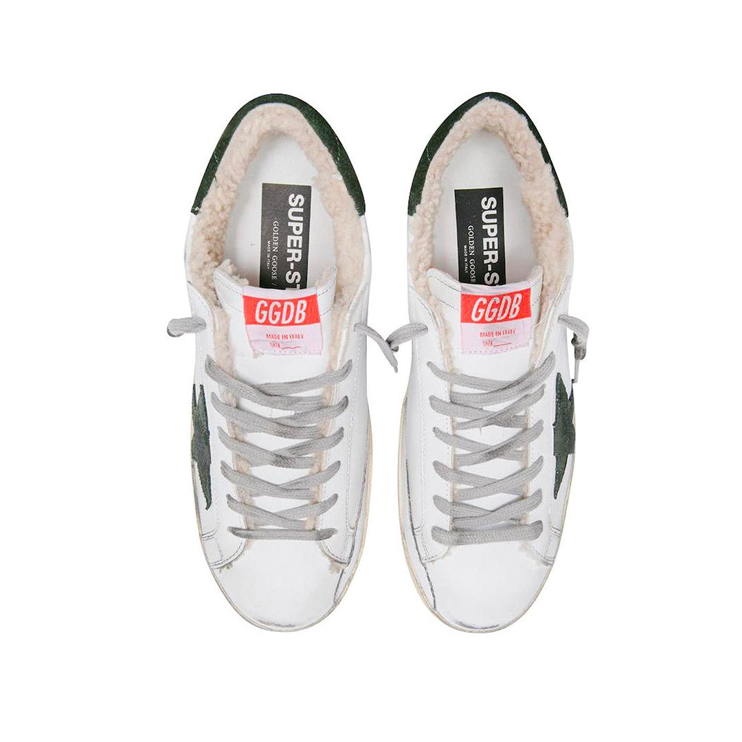 GGDB Men's Super-Star Classic - White Leather / Shearling Fur Lining / Military Green Suede Star and Heel Tab
