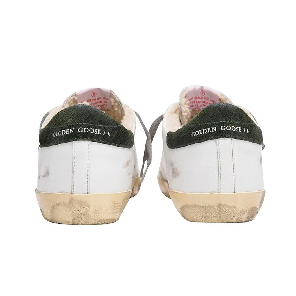 GGDB Men's Super-Star Classic - White Leather / Shearling Fur Lining / Military Green Suede Star and Heel Tab