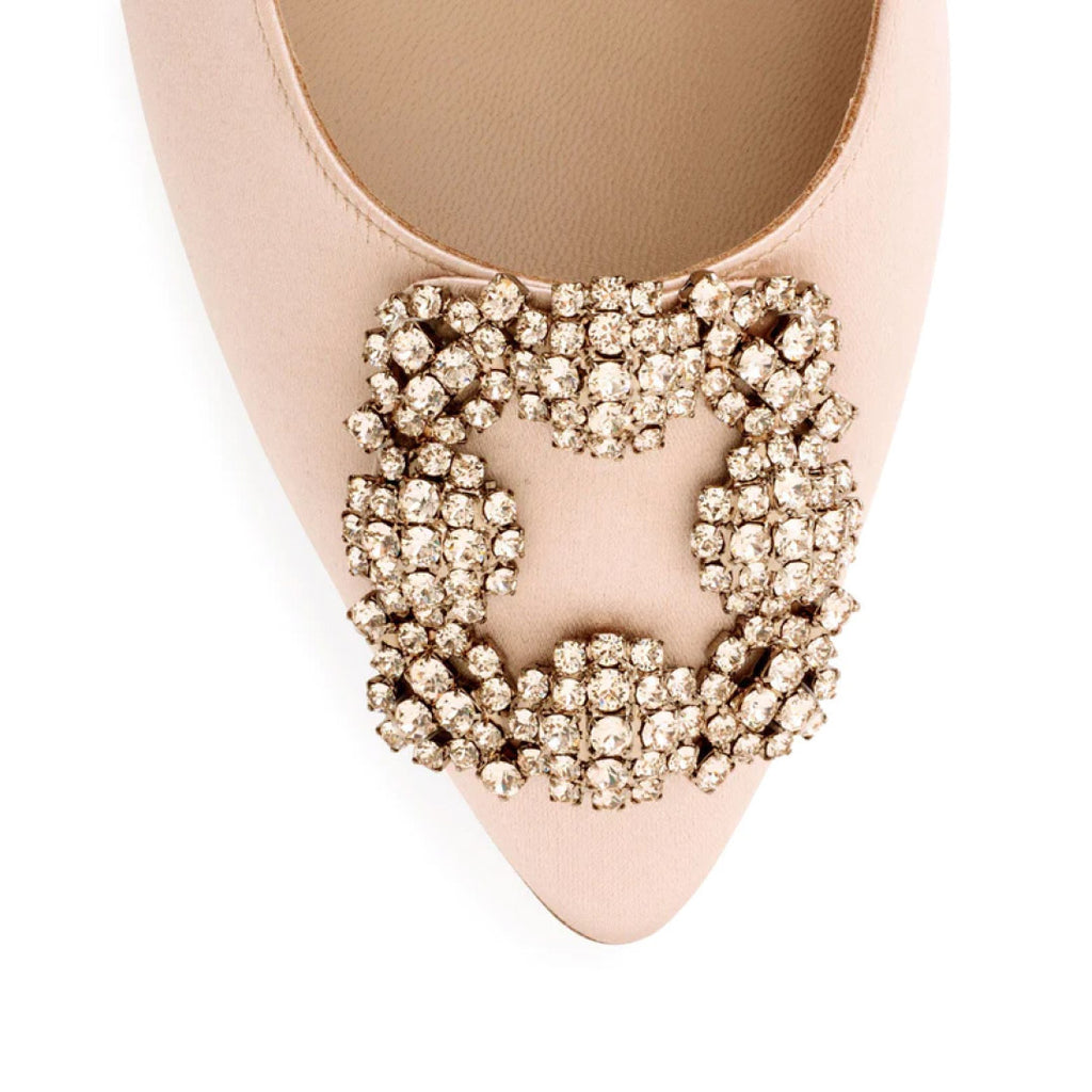 Manolo Blahnik Hangisi Champagne Satin Jewel Buckle 50mm Low Heel Pumps