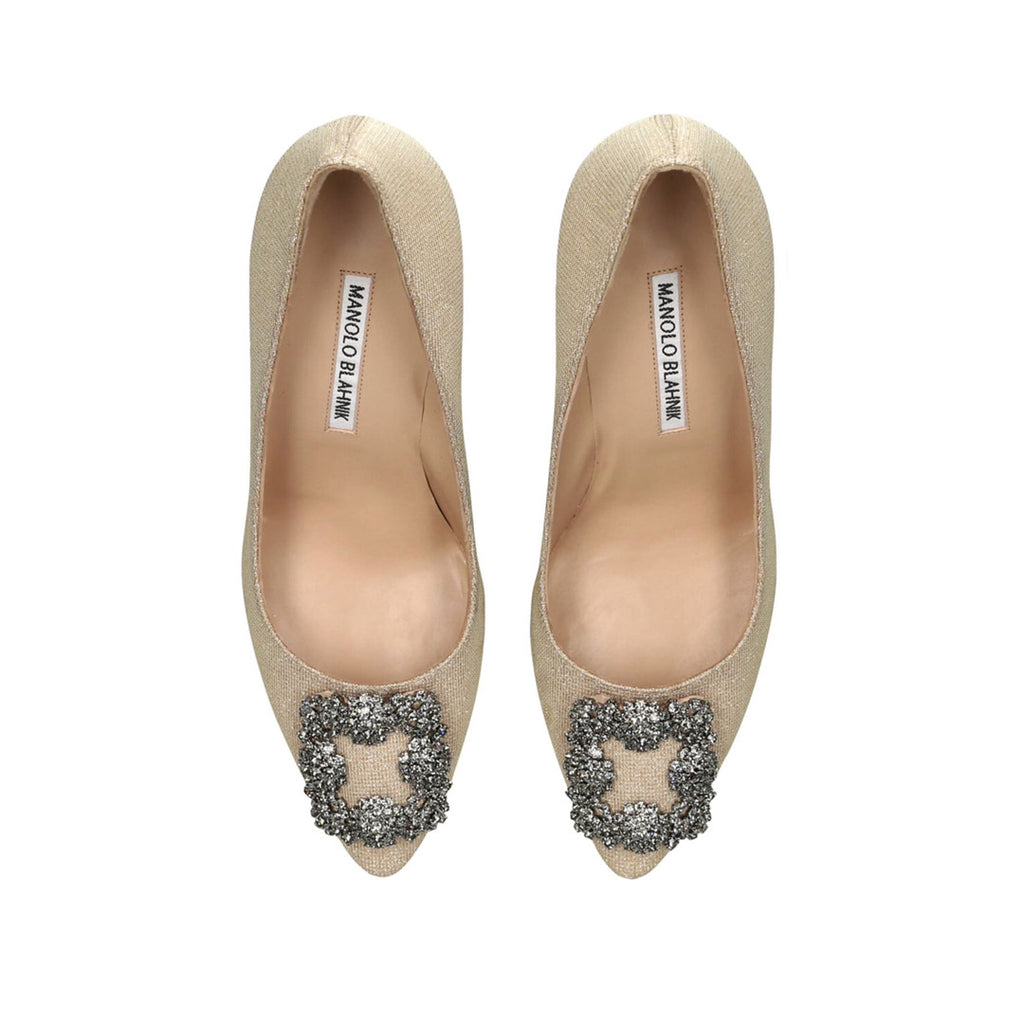 Manolo Blahnik Hangisi Champagne Glitter Jewel Buckle 50mm Low Heel Pumps