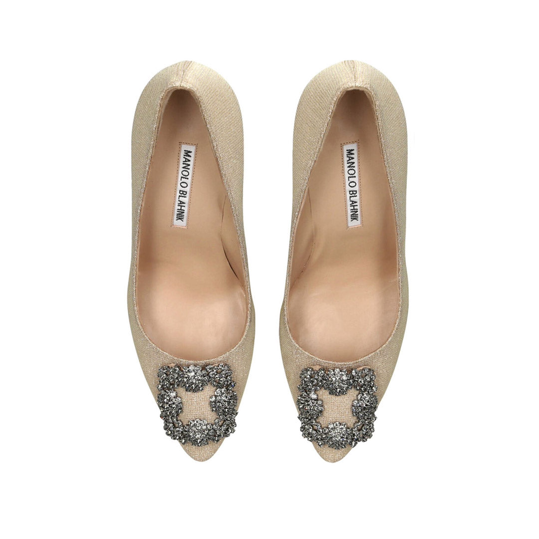 Manolo Blahnik Hangisi Champagne Glitter Jewel Buckle 50mm Low Heel Pumps