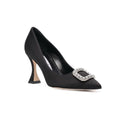 Manolo Blahnik Fabeta Black Satin 90mm High Heel Pumps with Crystal and Pearl Buckle