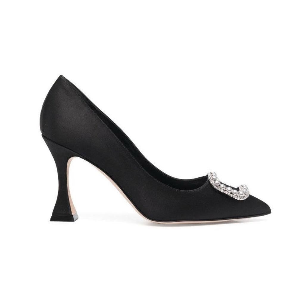 Manolo Blahnik Fabeta Black Satin 90mm High Heel Pumps with Crystal and Pearl Buckle