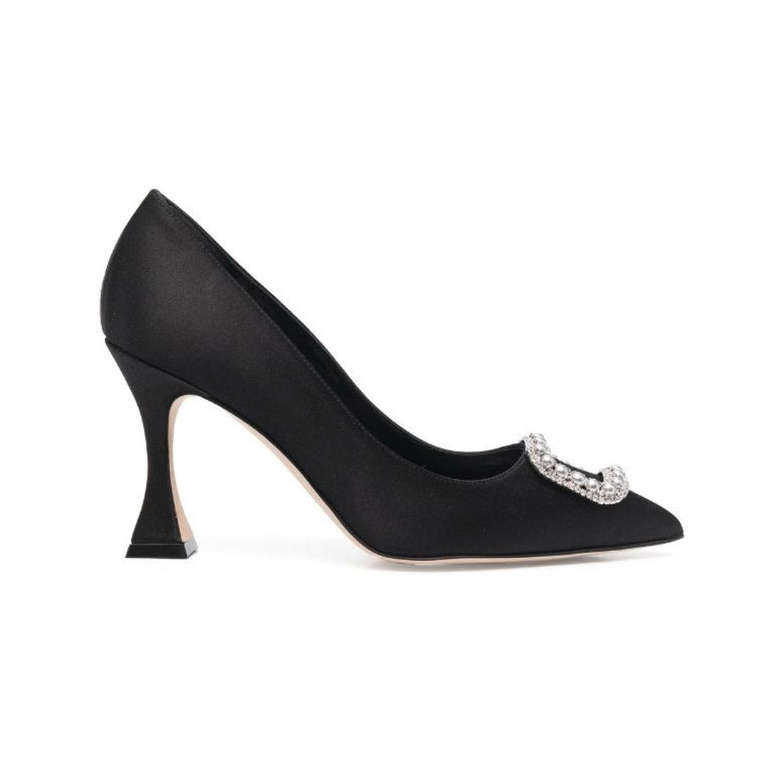Manolo Blahnik Fabeta Black Satin 90mm High Heel Pumps with Crystal and Pearl Buckle