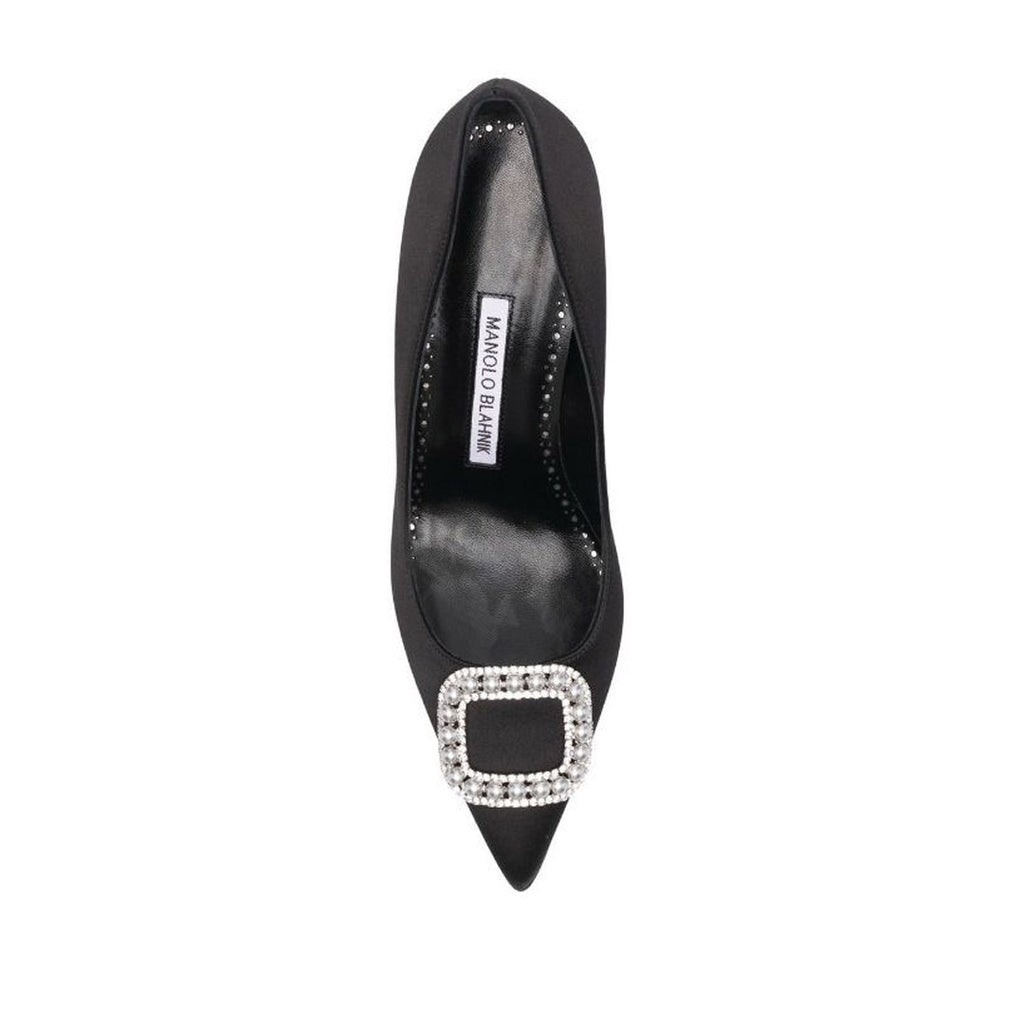 Manolo Blahnik Fabeta Black Satin 90mm High Heel Pumps with Crystal and Pearl Buckle