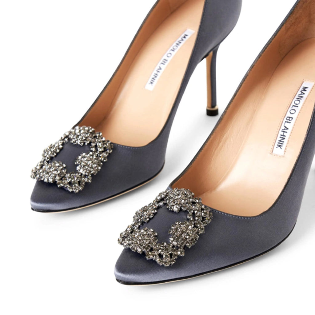 Manolo Blahnik Hangisimu Grey Satin Jewel Buckle 70mm Mid Heel Pumps