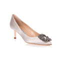 Manolo Blahnik Hangisi Light Grey Satin Jewel Buckle 50mm Low Heel Pumps