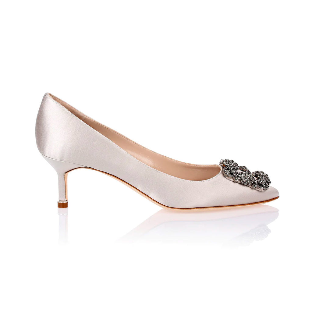 Manolo Blahnik Hangisi Light Grey Satin Jewel Buckle 50mm Low Heel Pumps