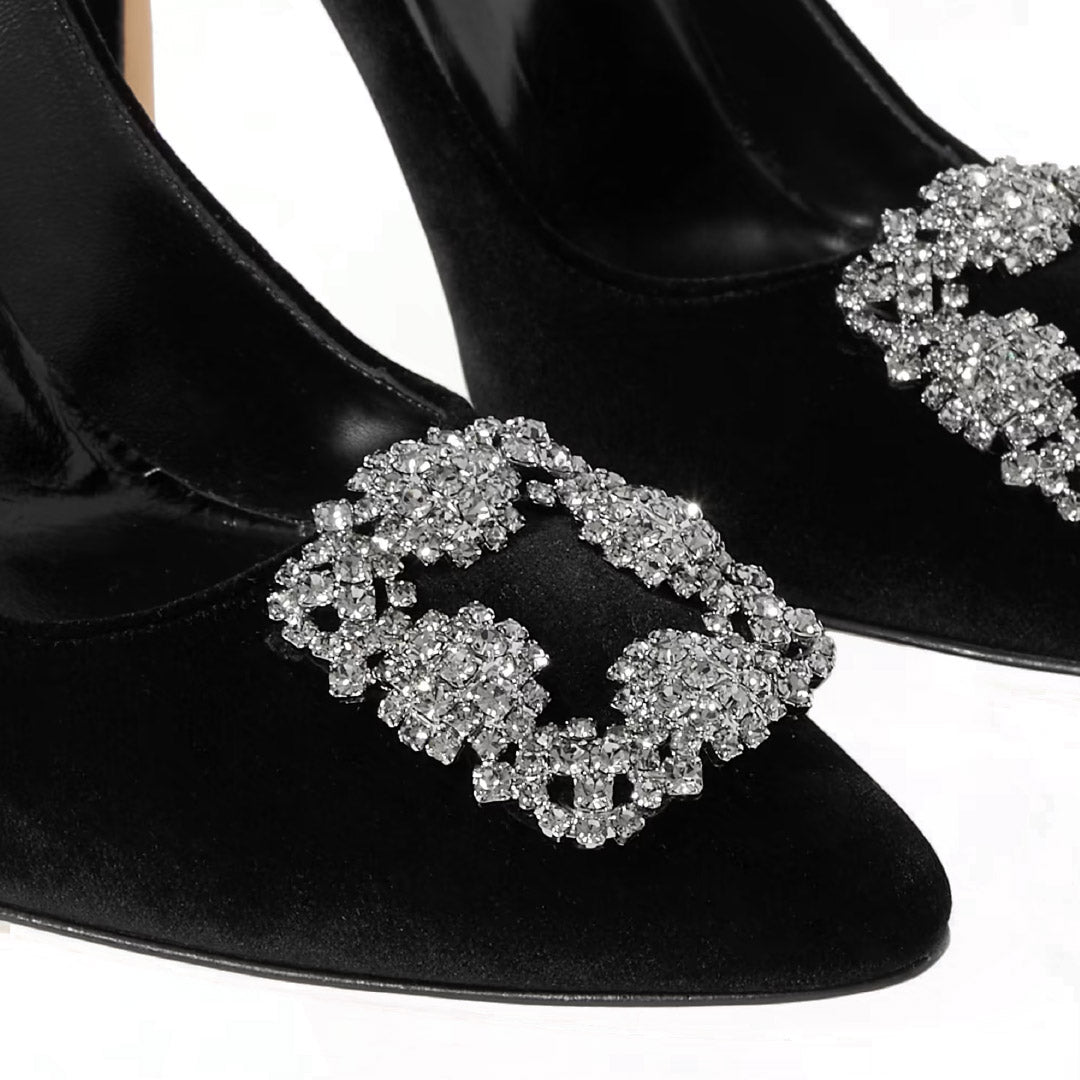Manolo Blahnik Hangisi Black Satin Jewel Buckle 90mm High Heel Pumps