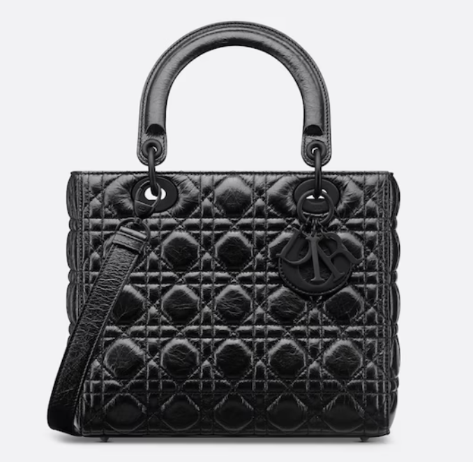 Medium Lady Dior Bag - Black Crinkled Cannage Calfskin