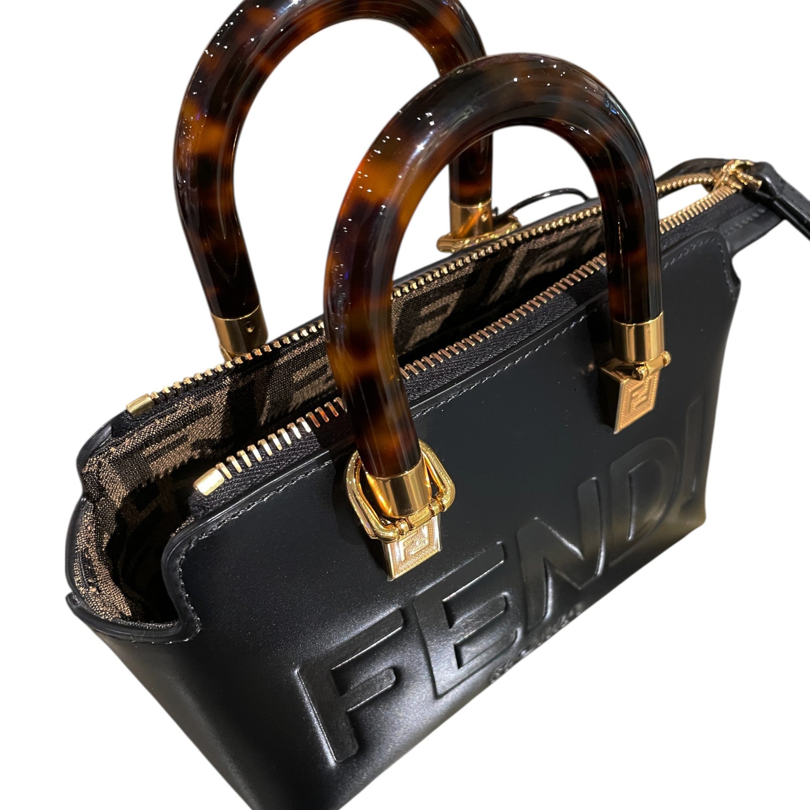 Fendi Mini By The Way Handbag in Calfskin Vitello Leather with Tortoiseshell Resin Handle