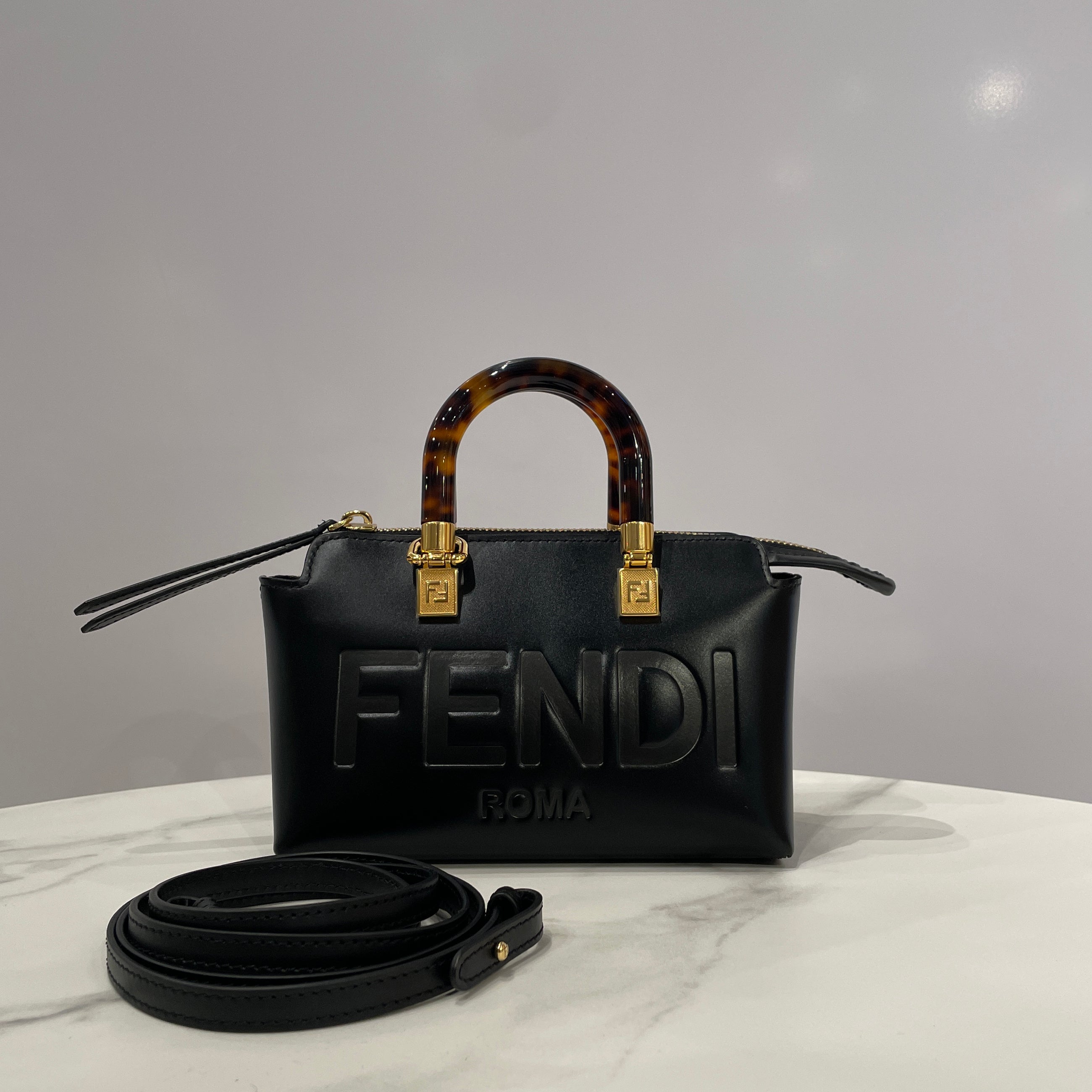Fendi Mini By The Way Handbag in Calfskin Vitello Leather with Tortoiseshell Resin Handle