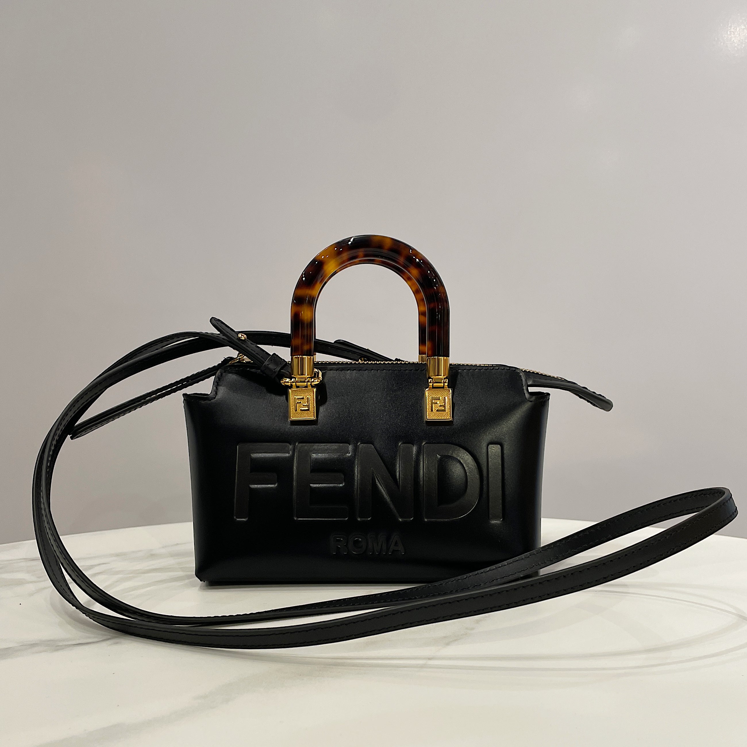 Fendi Mini By The Way Handbag in Calfskin Vitello Leather with Tortoiseshell Resin Handle
