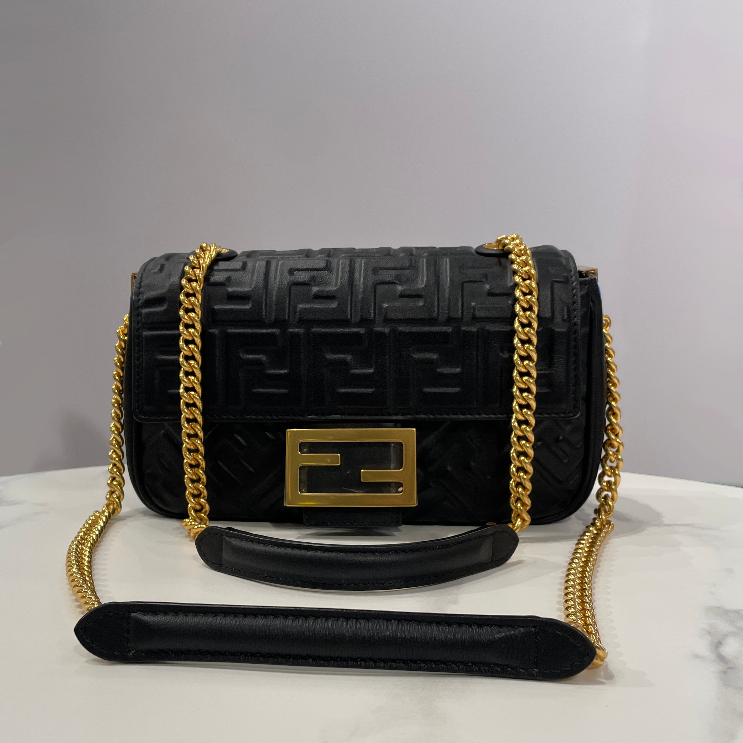 Fendi Baguette Chain Midi Nappa Lambskin Leather Bag with FF Motif