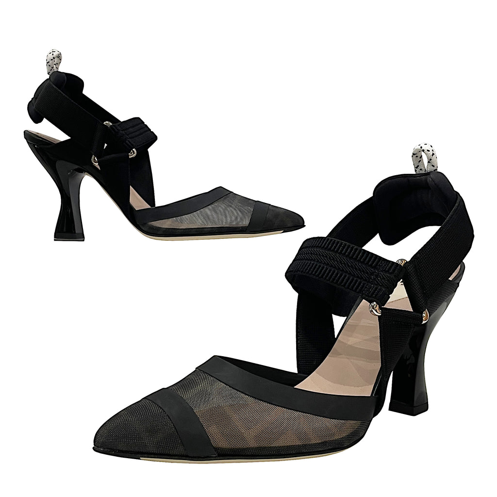 Fendi Colibrì Leather and Mesh Decollete 85mm High-Heel Slingbacks