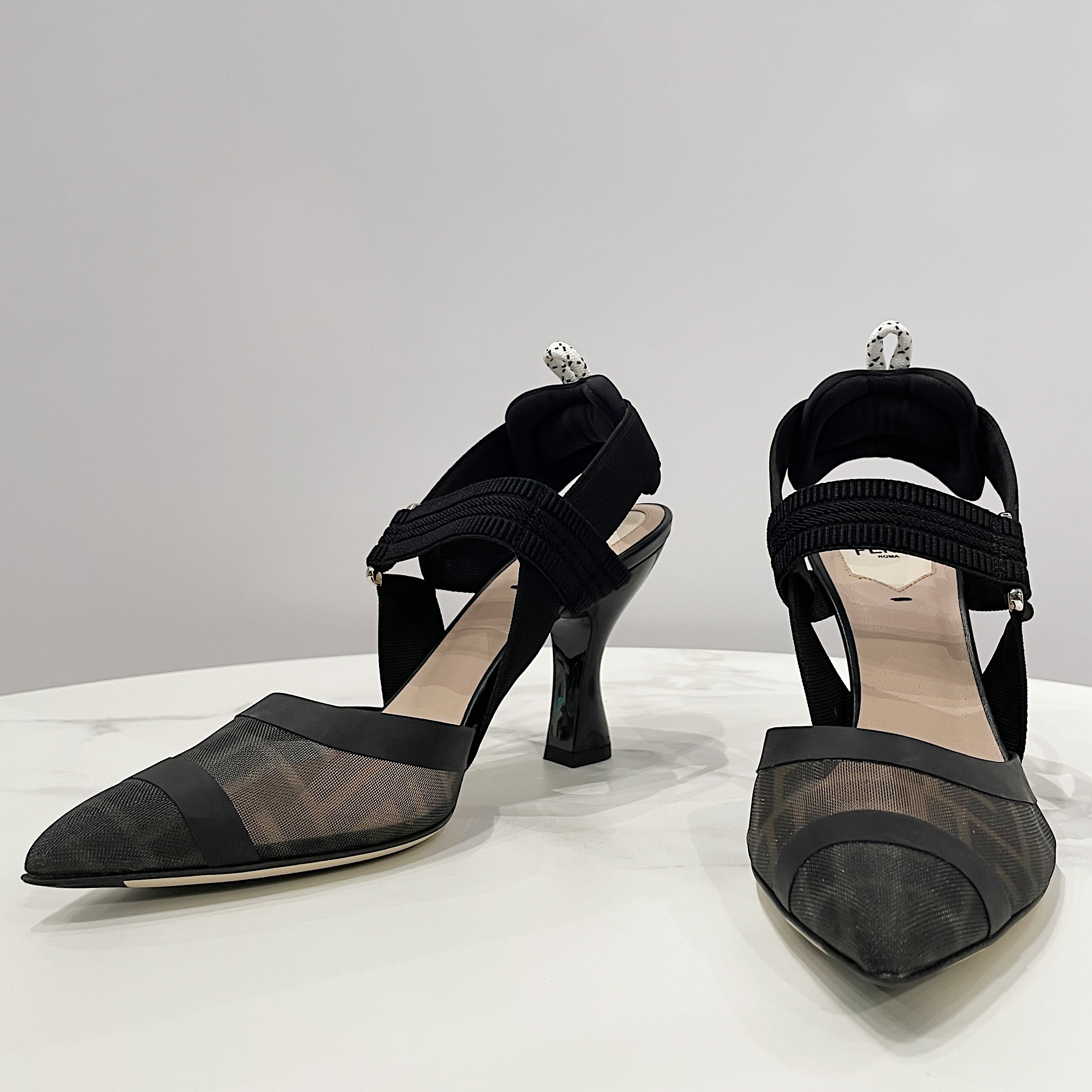 Fendi Colibrì Leather and Mesh Decollete 85mm High-Heel Slingbacks