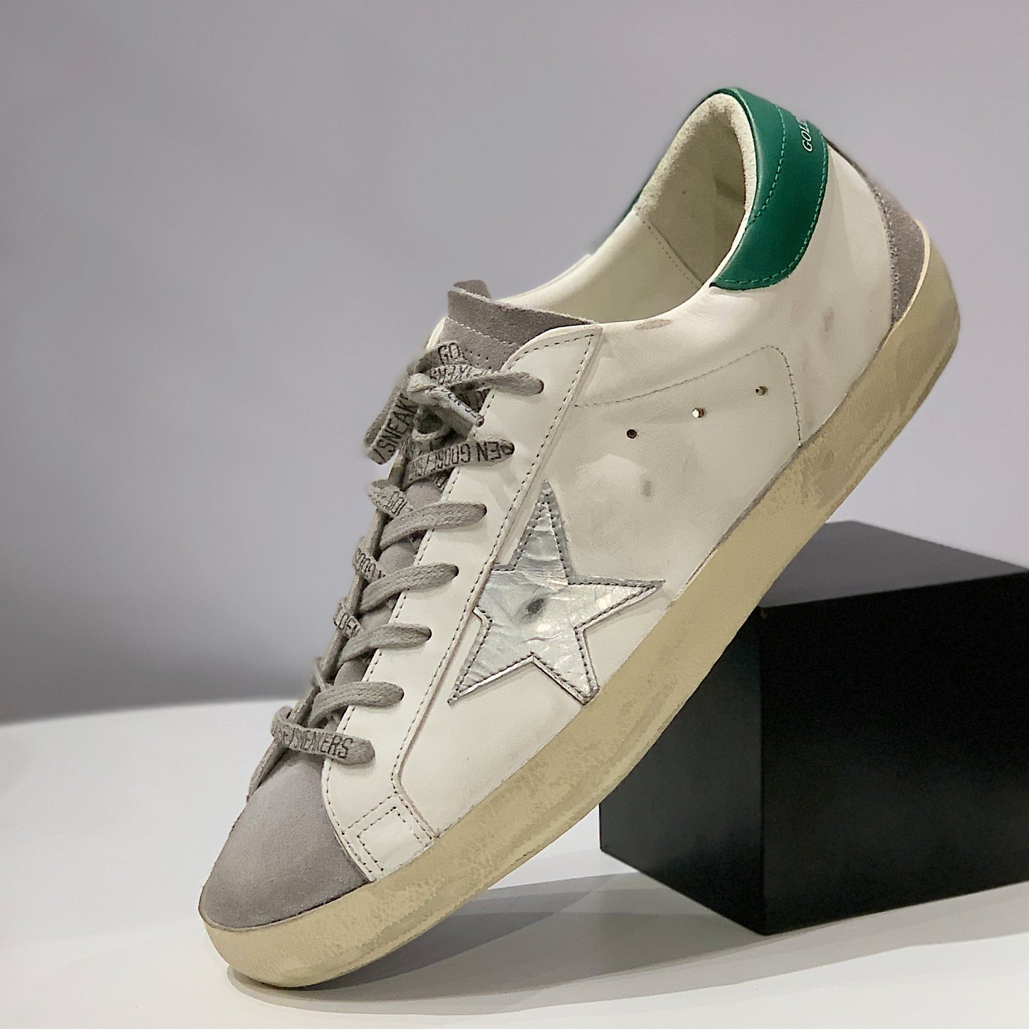 GGDB Men's Super-Star - White Leather / Gray Laminated Star / Gray Suede Tongue, Counter Spur / Green Heel Tab