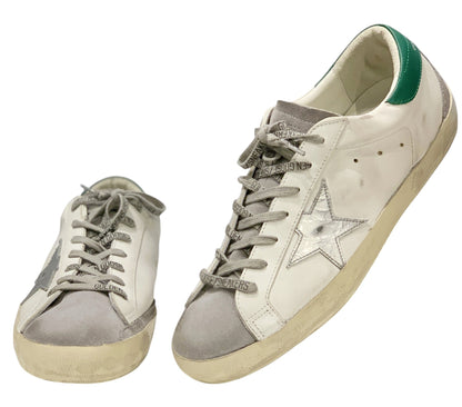 GGDB Men's Super-Star - White Leather / Gray Laminated Star / Gray Suede Tongue, Counter Spur / Green Heel Tab