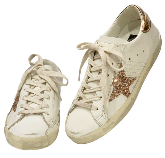 GGDB Women's Super-Star - White Leather / Glitter Star /  Antique Rose Heel Tab