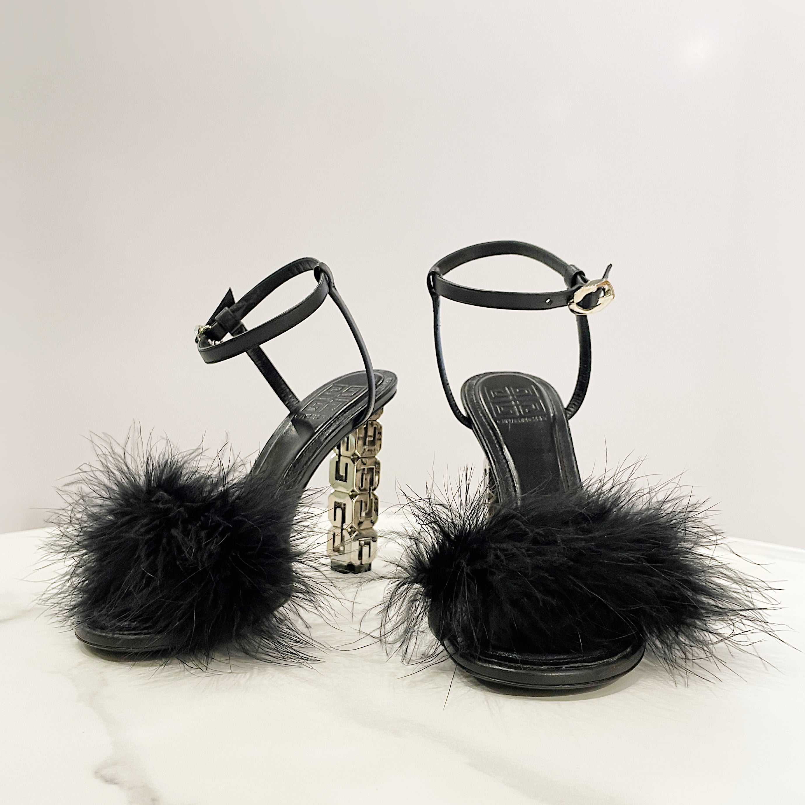 Givenchy Feather and Leather 105mm G-Cube Ankle-Strap Sandals