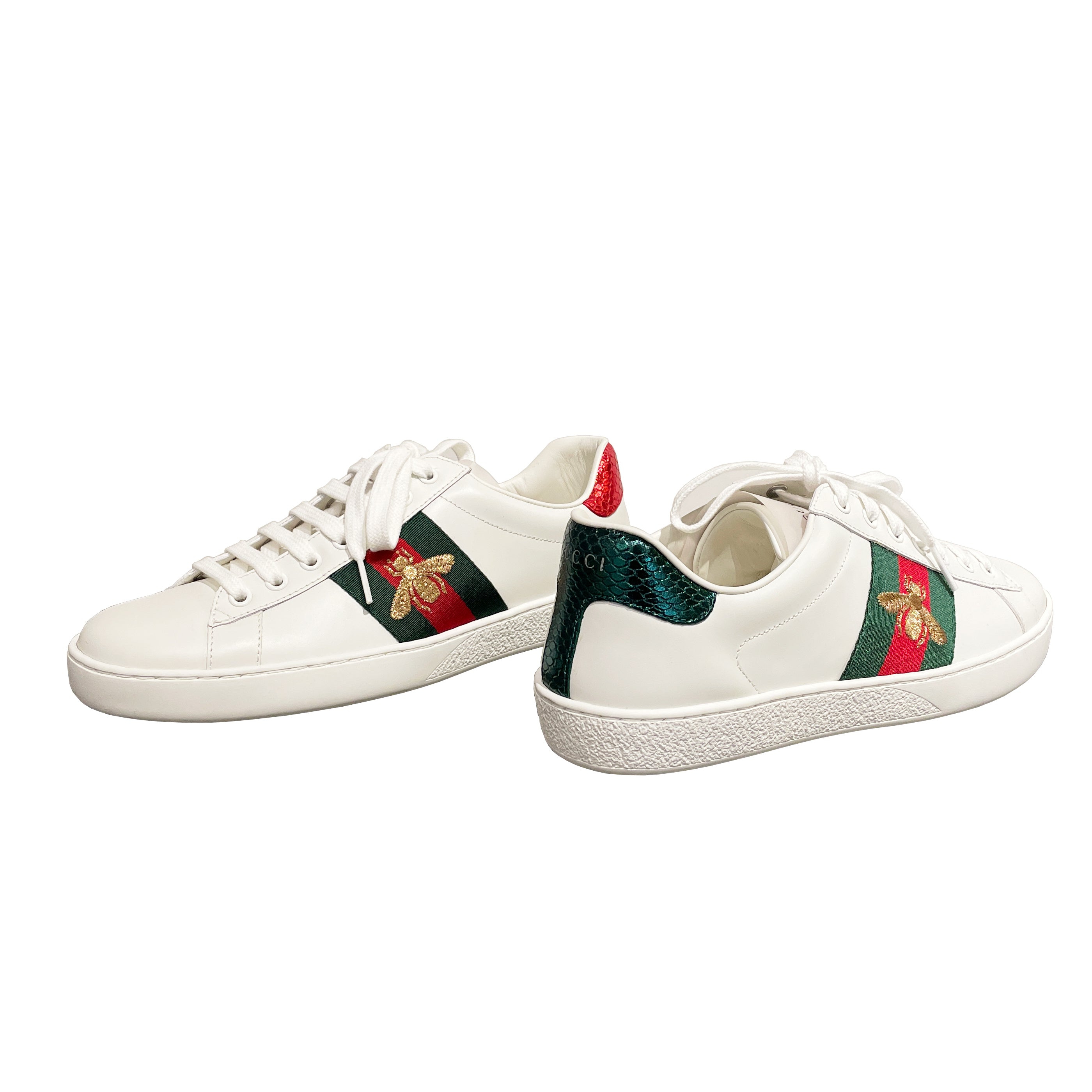 Gucci Men's Ace Sneaker with Bee & Web Stripe Low-Top Leather Trainers