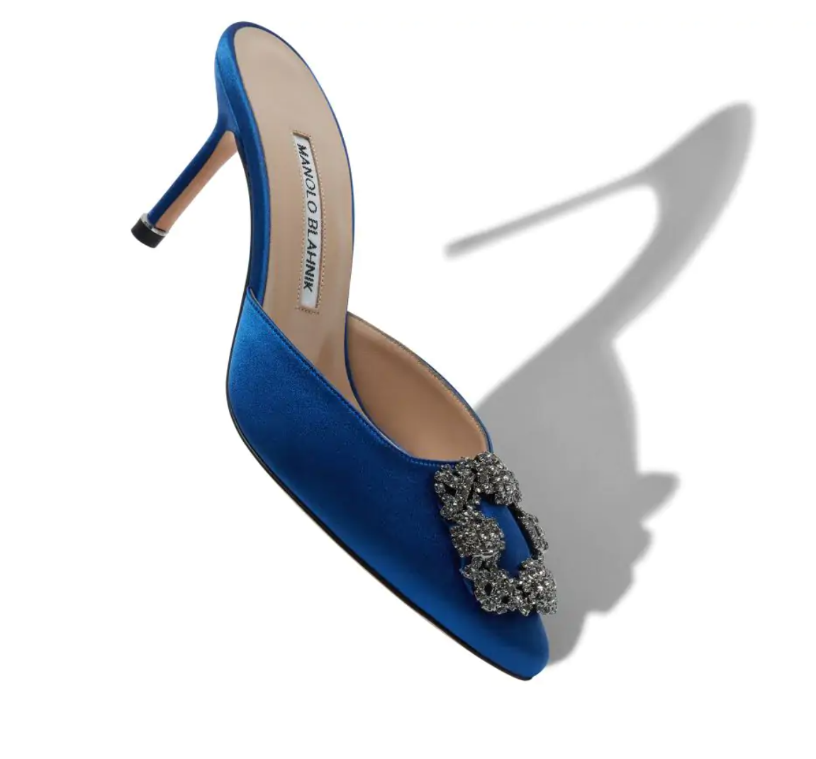 HANGISIMU Blue Satin Jewel Buckle Mules