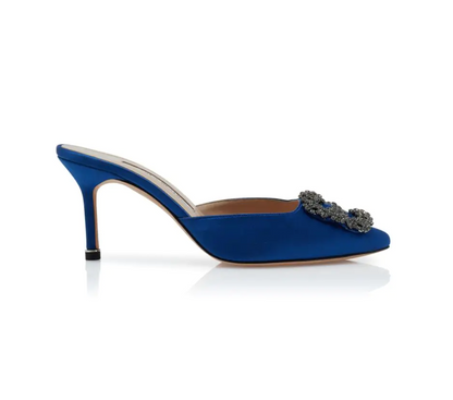 HANGISIMU Blue Satin Jewel Buckle Mules