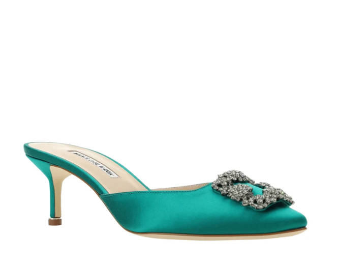 Manolo Blahnik Hangisimu Green Satin Jewel Buckle 50mm Low Heel Mules