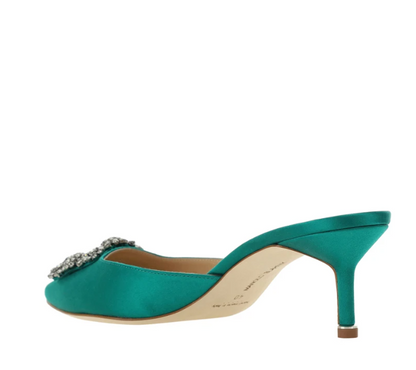 HANGISIMU Green Satin Jewel Buckle Mules