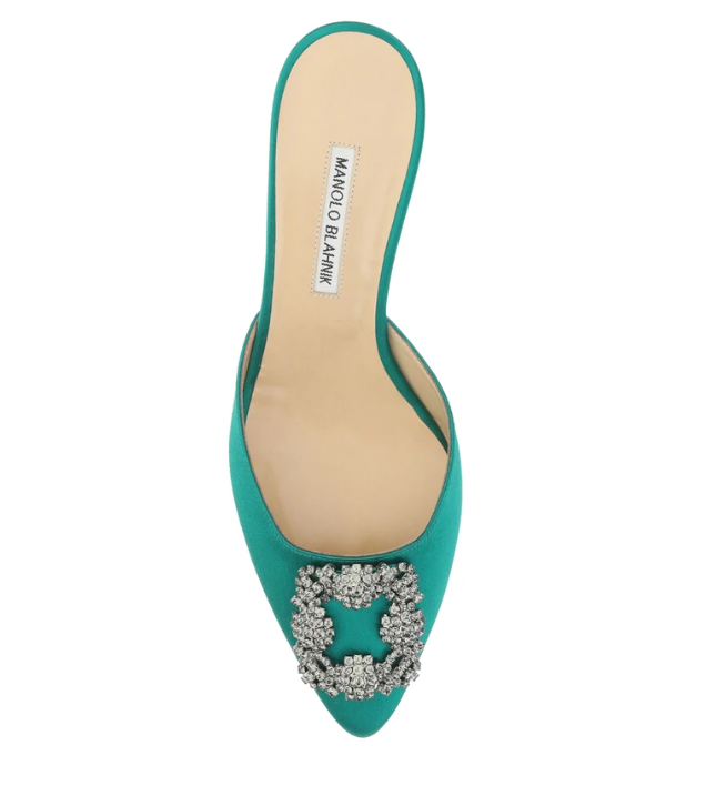 Manolo Blahnik Hangisimu Green Satin Jewel Buckle 50mm Low Heel Mules