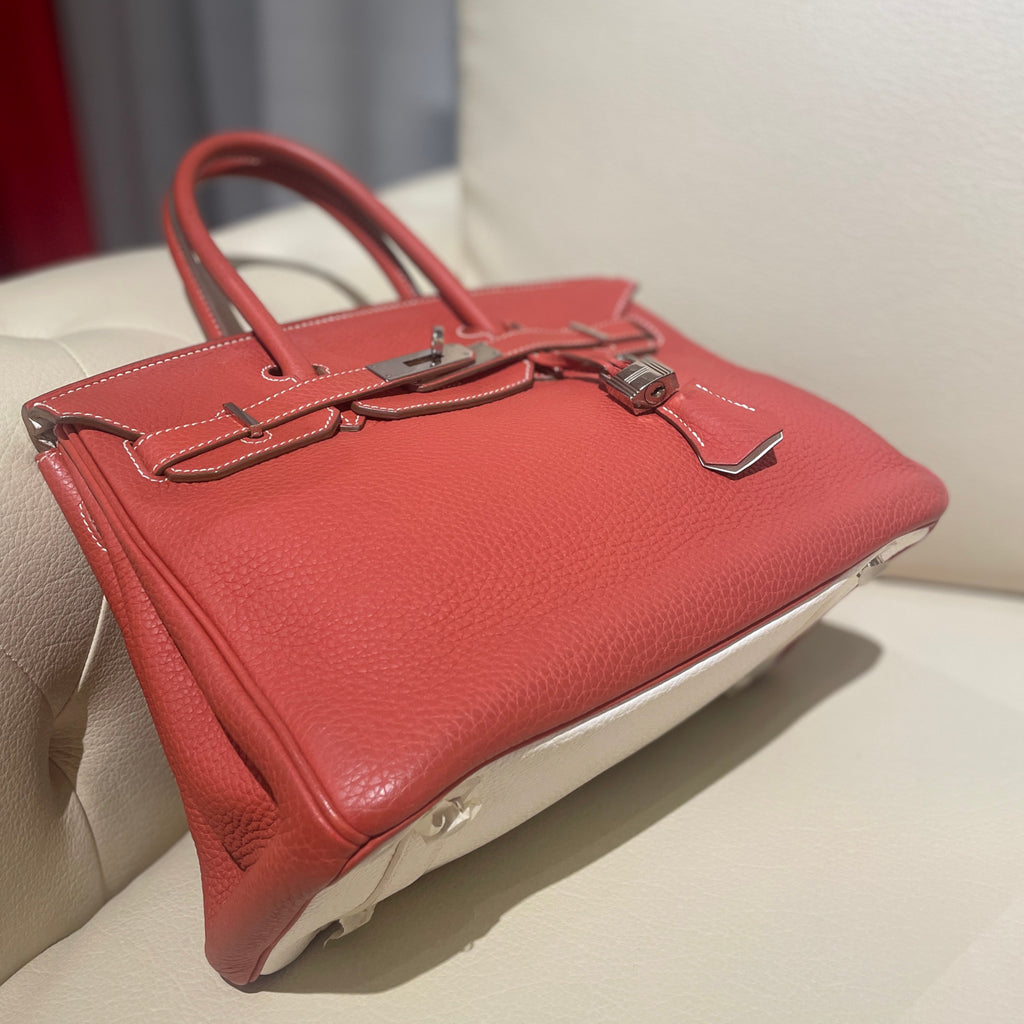 Hermès Birkin 30 in Taurillon Clemence Leather Eclat - Sanguine and White