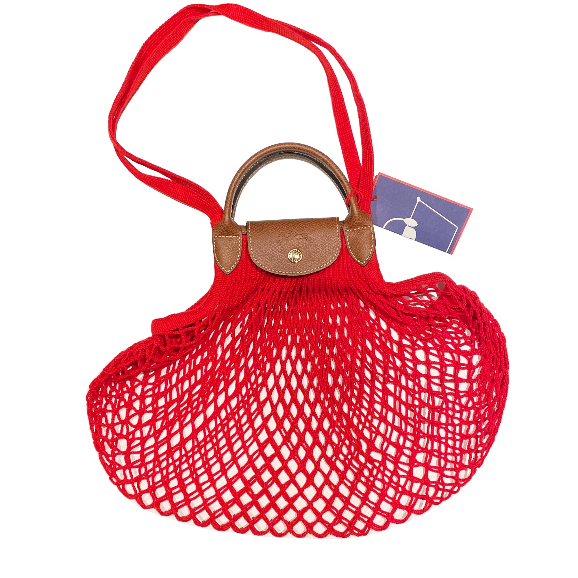 Longchamp Le Pliage Filet Mesh Bag with Cowhide Leather Trimmings