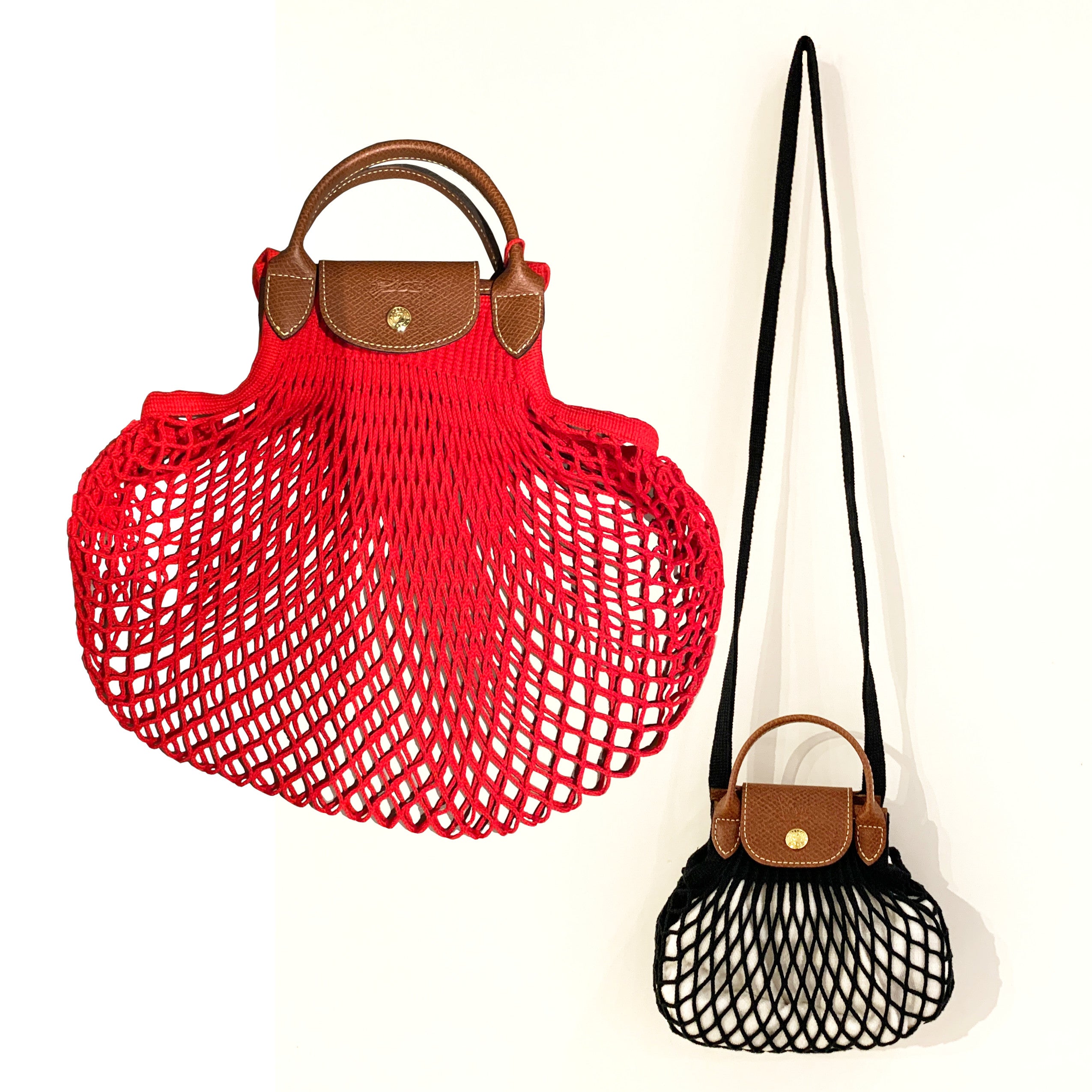 Longchamp Le Pliage Filet Mesh Bag with Cowhide Leather Trimmings