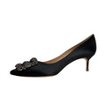 Manolo Blahnik Hangisi Black Satin Jewel Buckle 50mm Low Heel Pumps