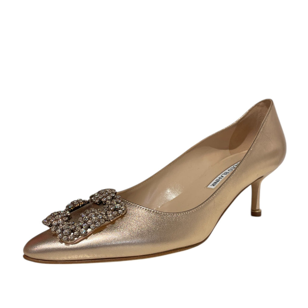 Manolo Blahnik Hangisi Rose Gold Calfskin Leather Jewel Buckle 50mm Low Heel Pumps