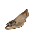 Manolo Blahnik Hangisi Rose Gold Calfskin Leather Jewel Buckle 50mm Low Heel Pumps