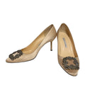 Manolo Blahnik Hangisimu Champagne Satin Jewel Buckle 70mm Mid Heel Pumps
