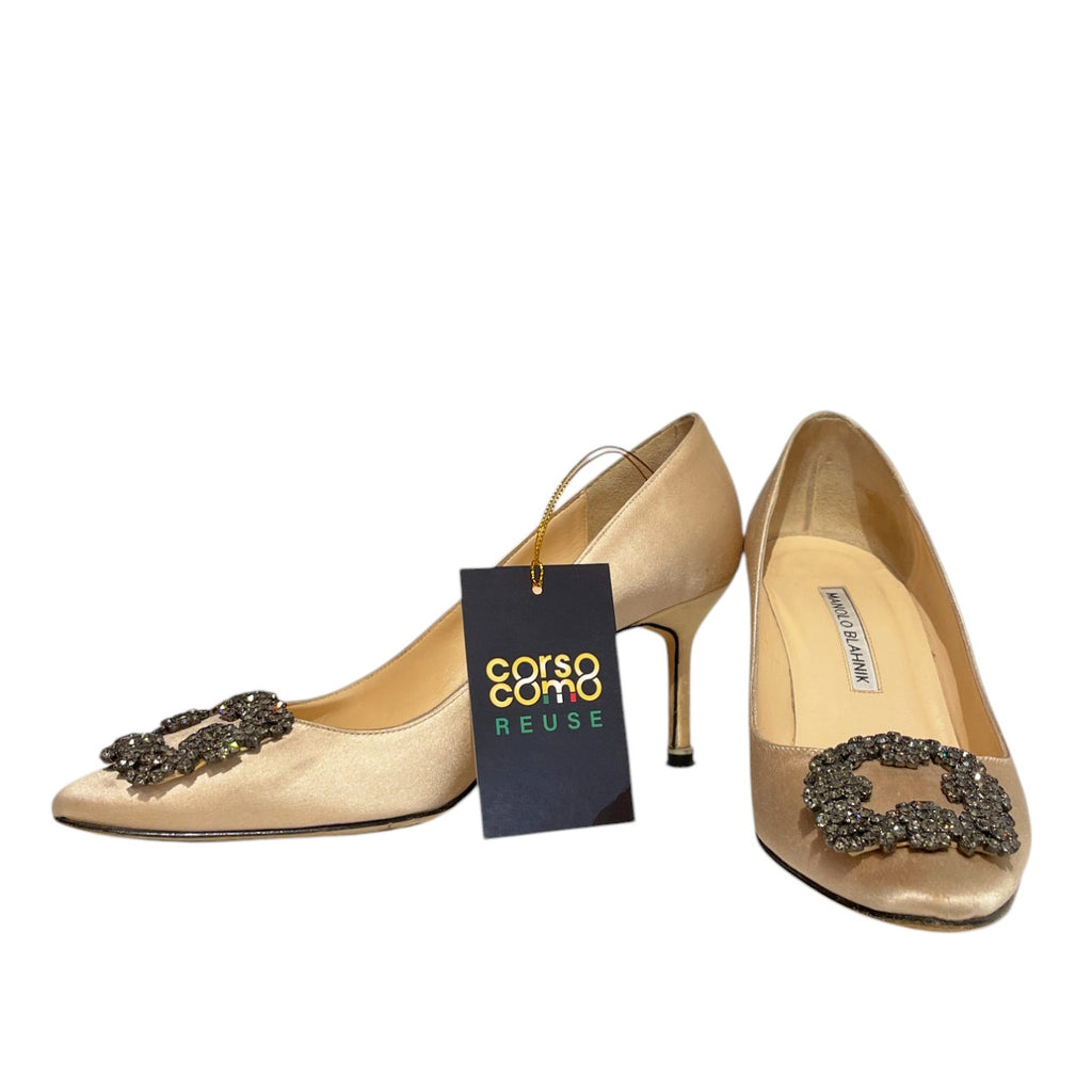 Manolo Blahnik Hangisimu Champagne Satin Jewel Buckle 70mm Mid Heel Pumps