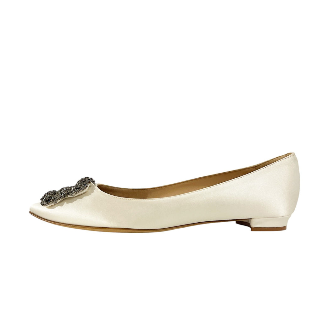 Manolo Blahnik Hangisiflat White Satin Jewel Buckle Flats
