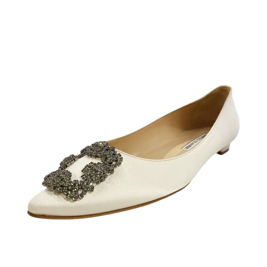 Manolo Blahnik Hangisiflat White Satin Jewel Buckle Flats