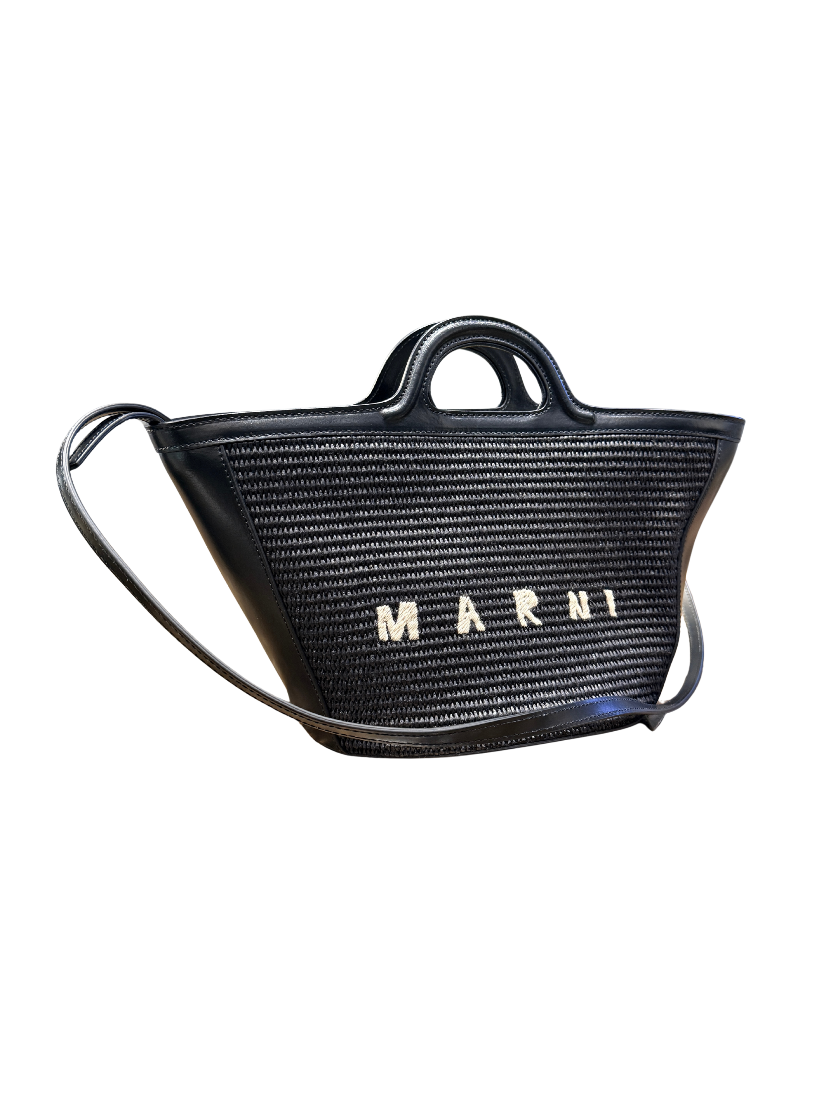MARNI TROPICALIA SMALL BAG IN BLACK LEATHER AND RAFFIA-EFFECT FABRIC