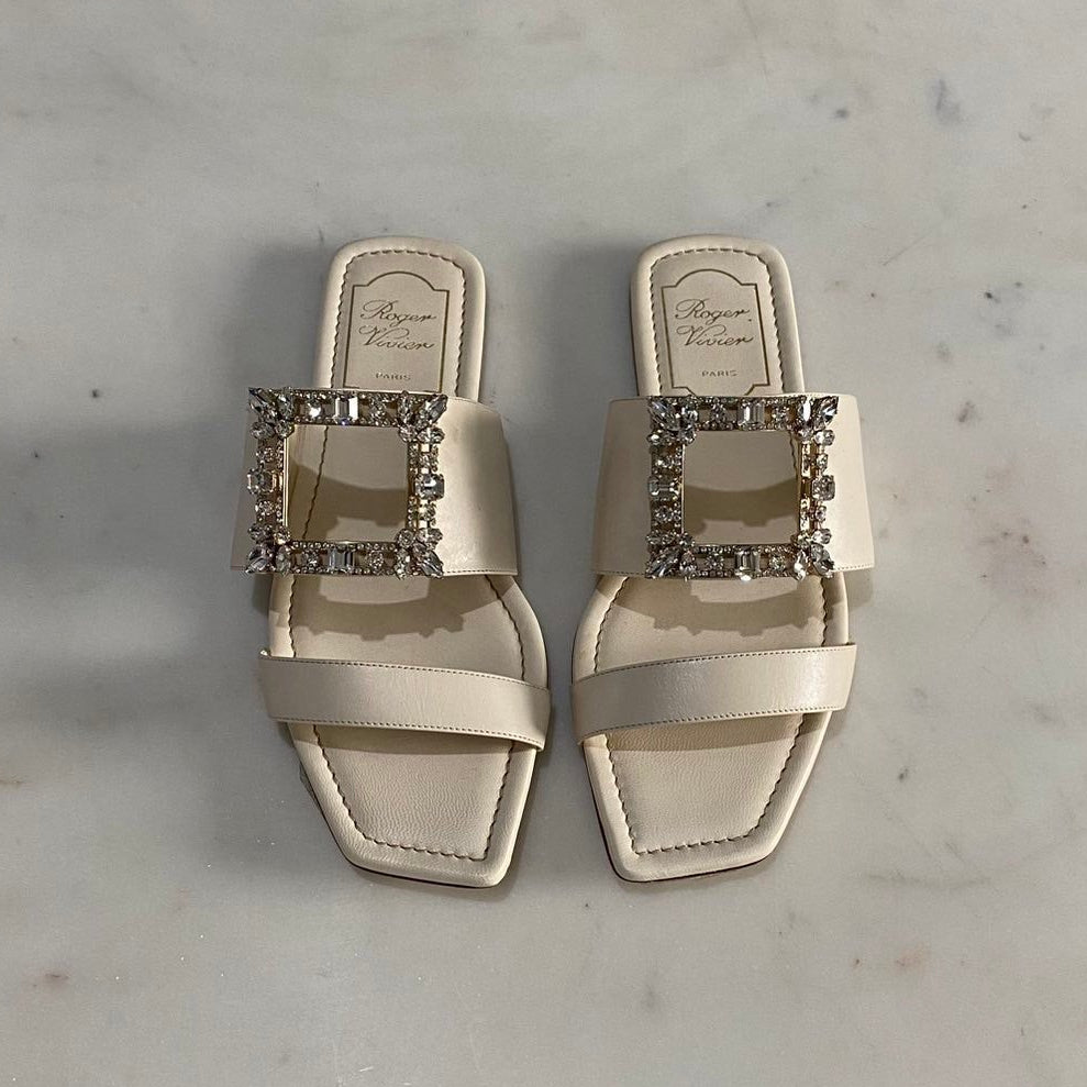 ROGER VIVIER SANDAL CRYSTAL BUCKLES WHITE - Size 37