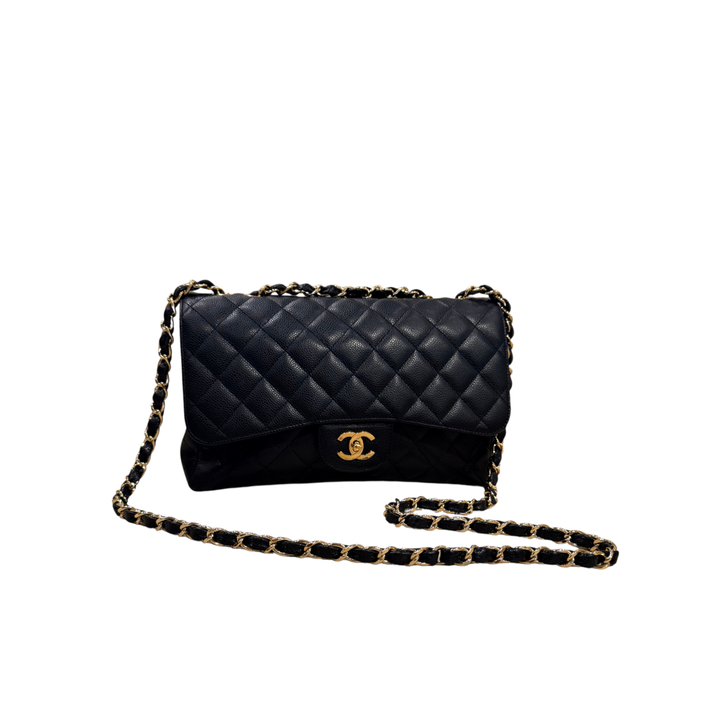 Chanel Classic Handbag Jumbo Single Flap in Caviar Grained Calfskin & Gold Hardware