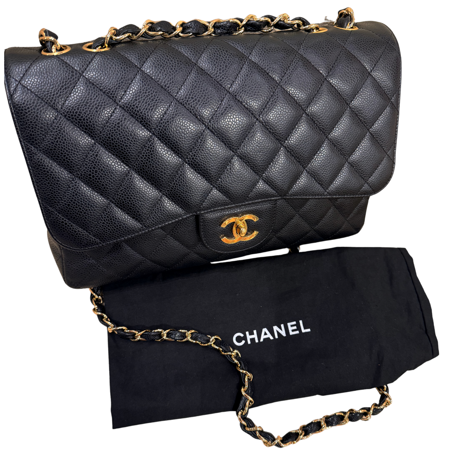 Chanel Classic Handbag Jumbo Single Flap in Caviar Grained Calfskin & Gold Hardware