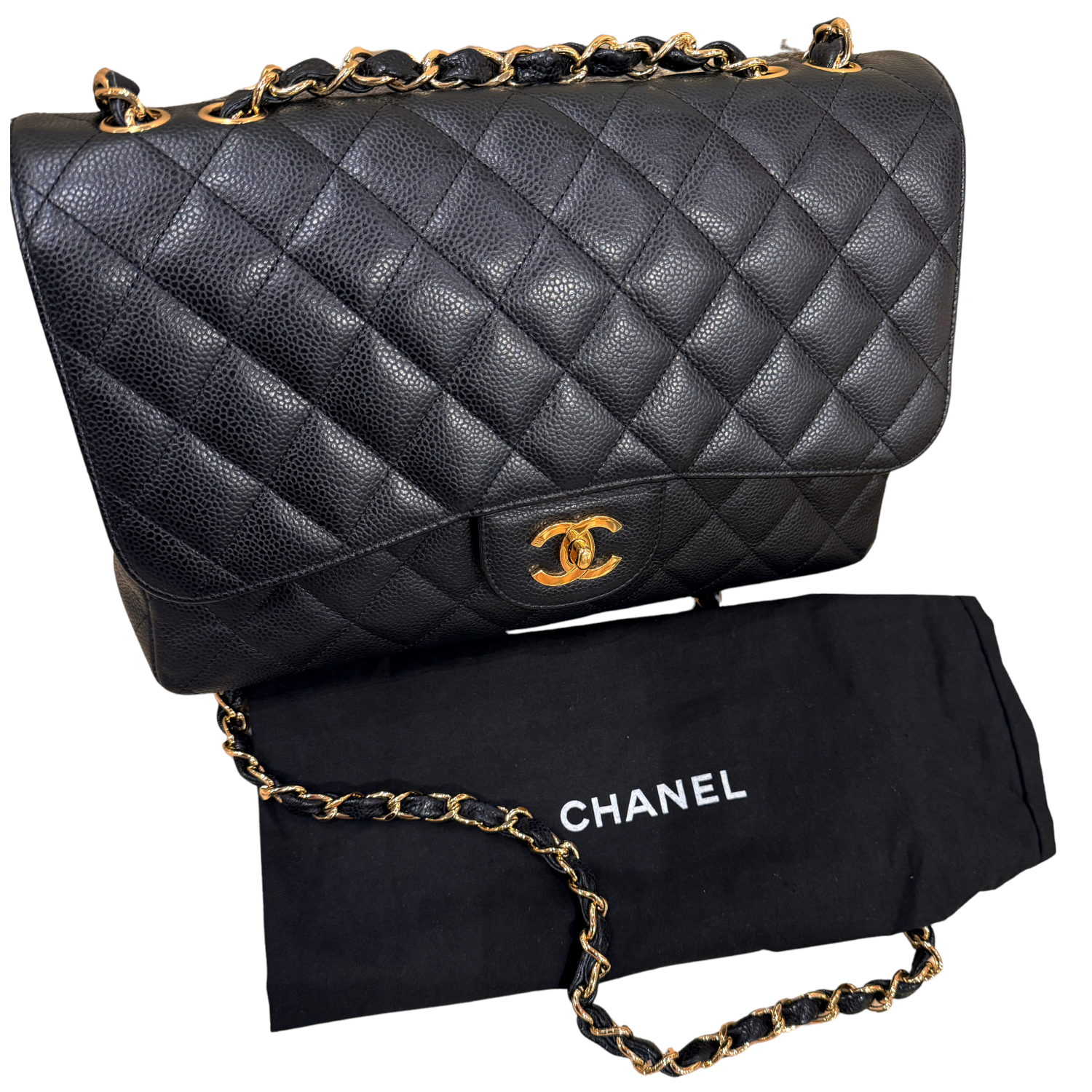 Chanel Classic Handbag Jumbo Single Flap in Caviar Grained Calfskin & Gold Hardware
