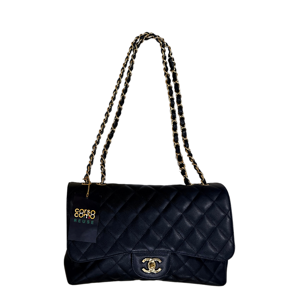 Chanel Classic Handbag Jumbo Single Flap in Caviar Grained Calfskin & Gold Hardware
