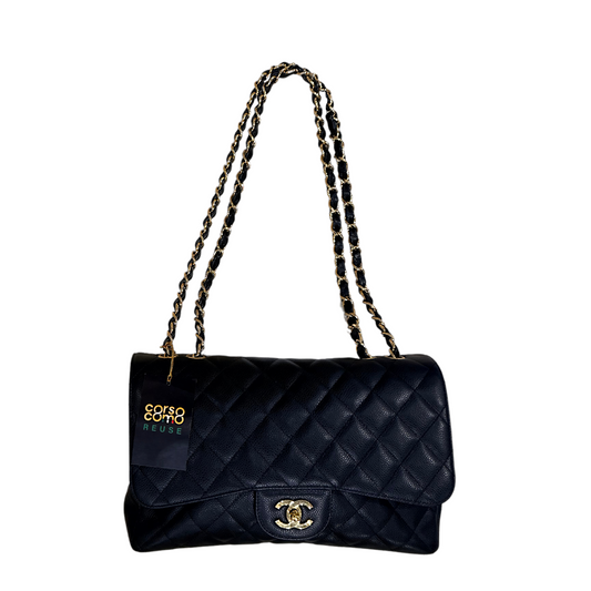 Chanel Classic Handbag Jumbo Single Flap in Caviar Grained Calfskin & Gold Hardware